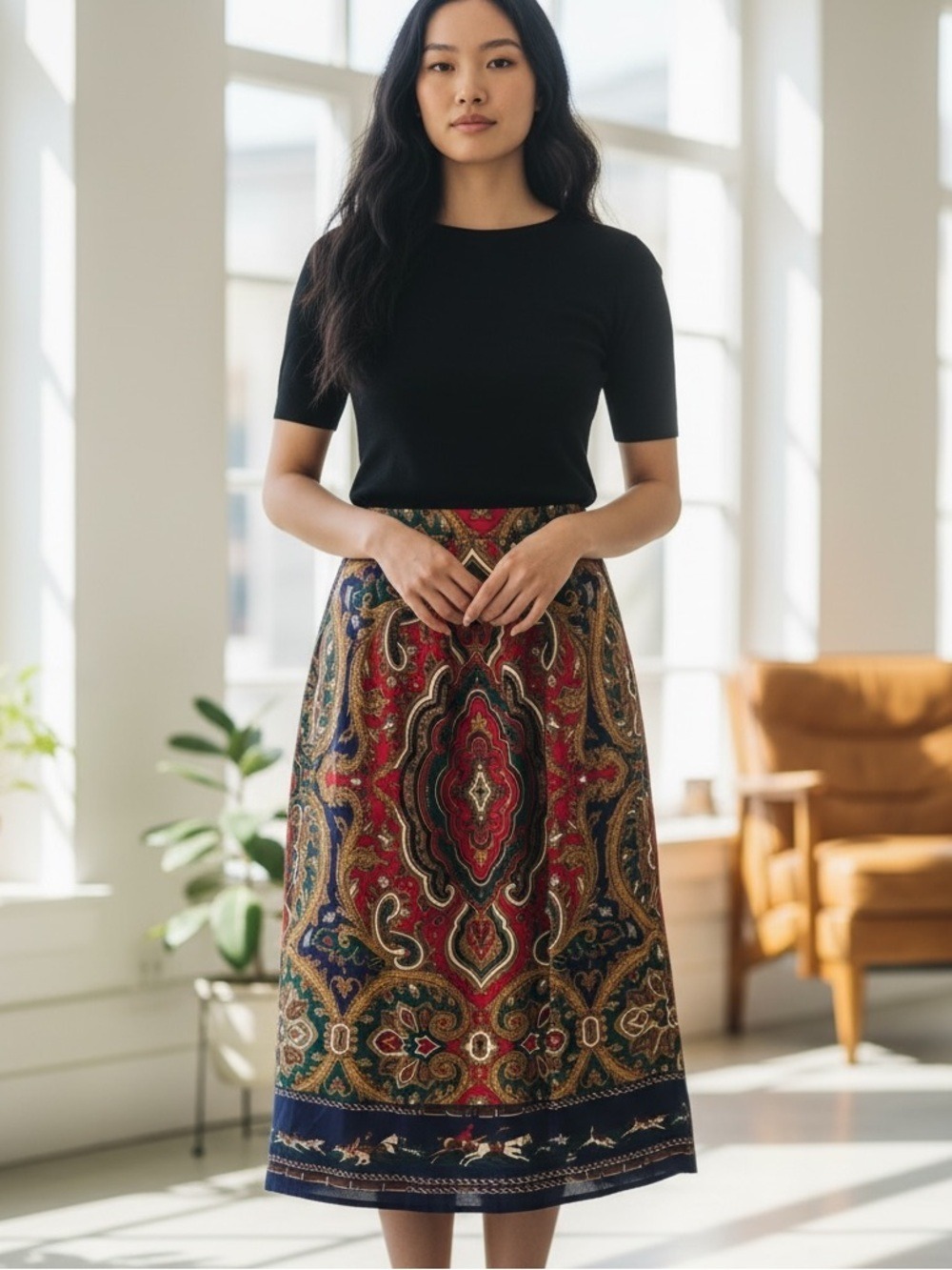 80s LESLIE FAY EQUESTRIAN & PAISLEY NAVY RED & GOLD MIDI SCARF SKIRT PLUS SZ 14